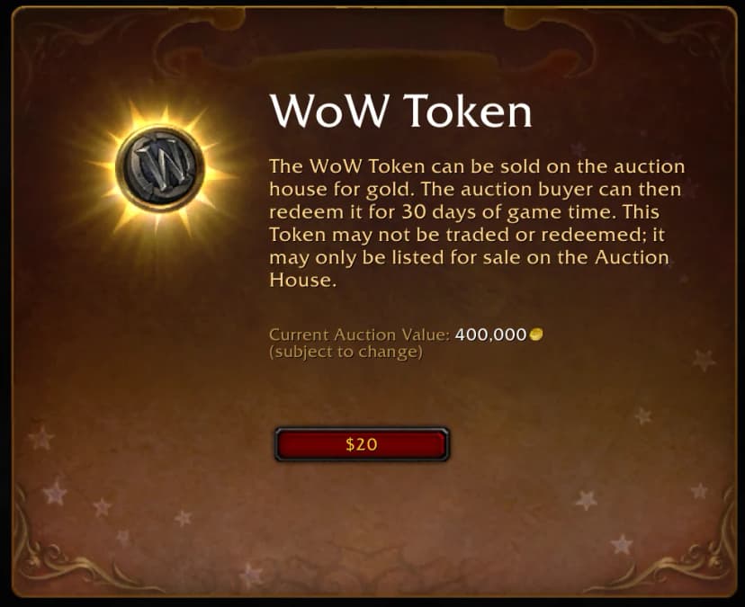 WoW Token — 200,000 gold for $20