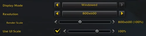 WoW graphics settings showing Windowed mode and 800x600 resolution